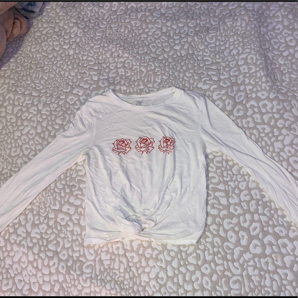 White Long Sleeve Cropped Top with velvet red roses